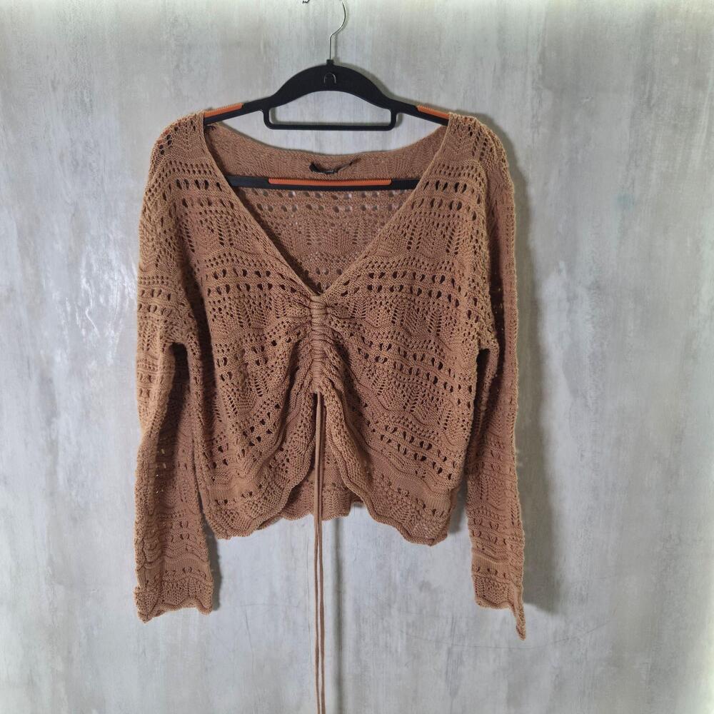 Lulus Sweater Womens XL Brown Crochet V Neck Ruched Drawstring Pullover Top